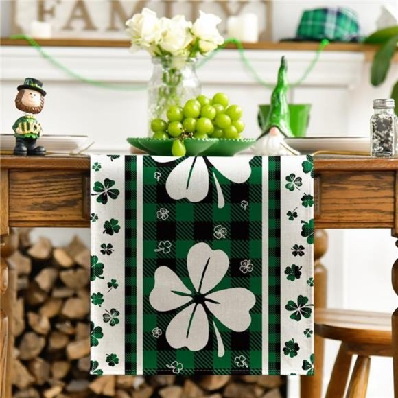 Green Clover Buffalo Plaid Shamrocks St.Patrick's Day Table Runner - Picture 2 of 7